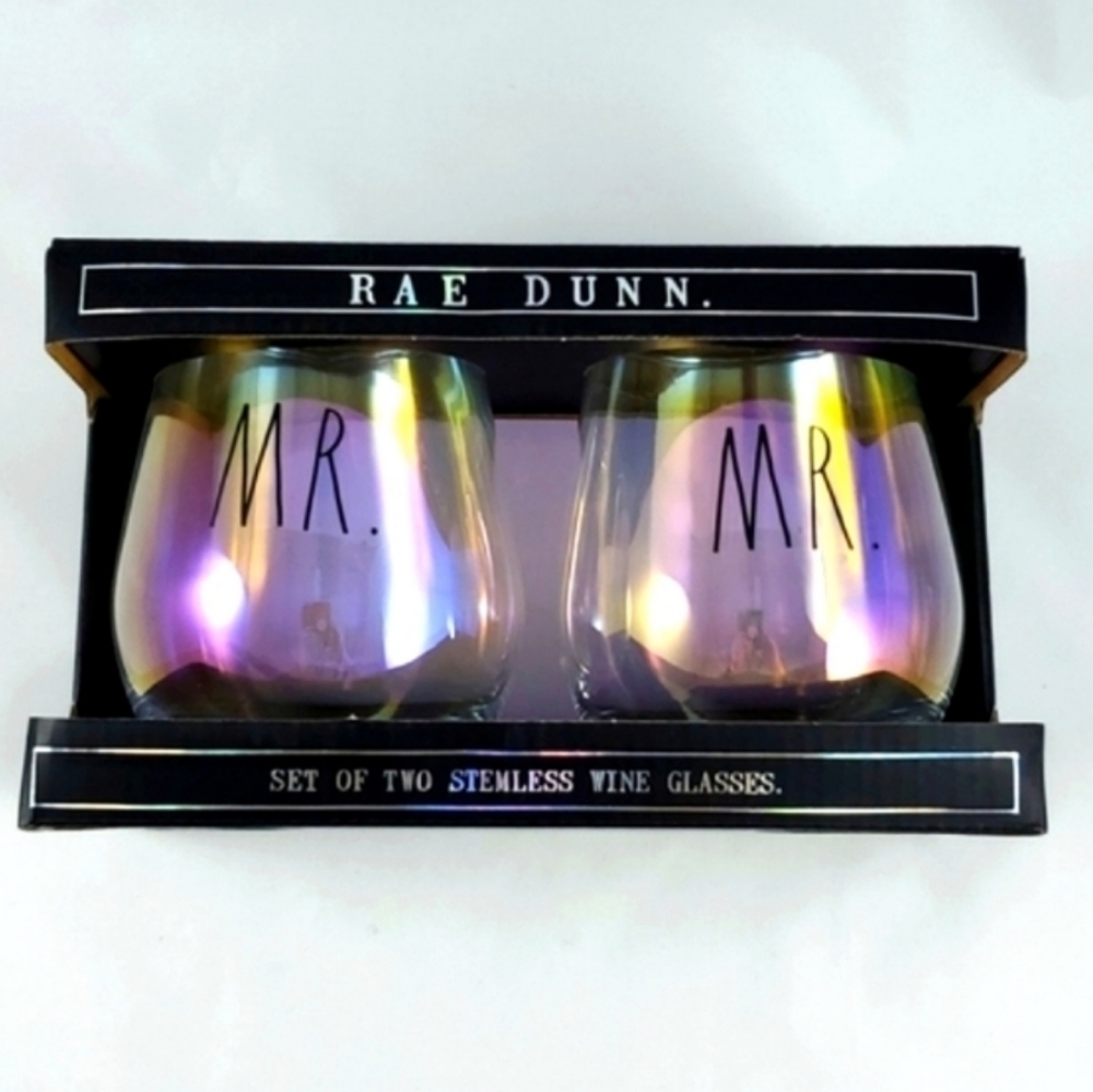 NWT Rae Dunn Large Letters MR. & MR. 2 Stemless Iridescent Wine Glasses